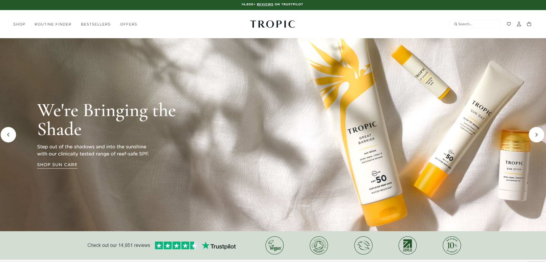 Homepage of Tropic skincare